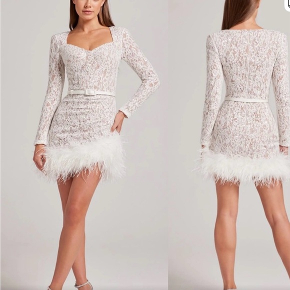 NADINE MERABI White Lace Dress with Feather Detail - Picture 2 of 4